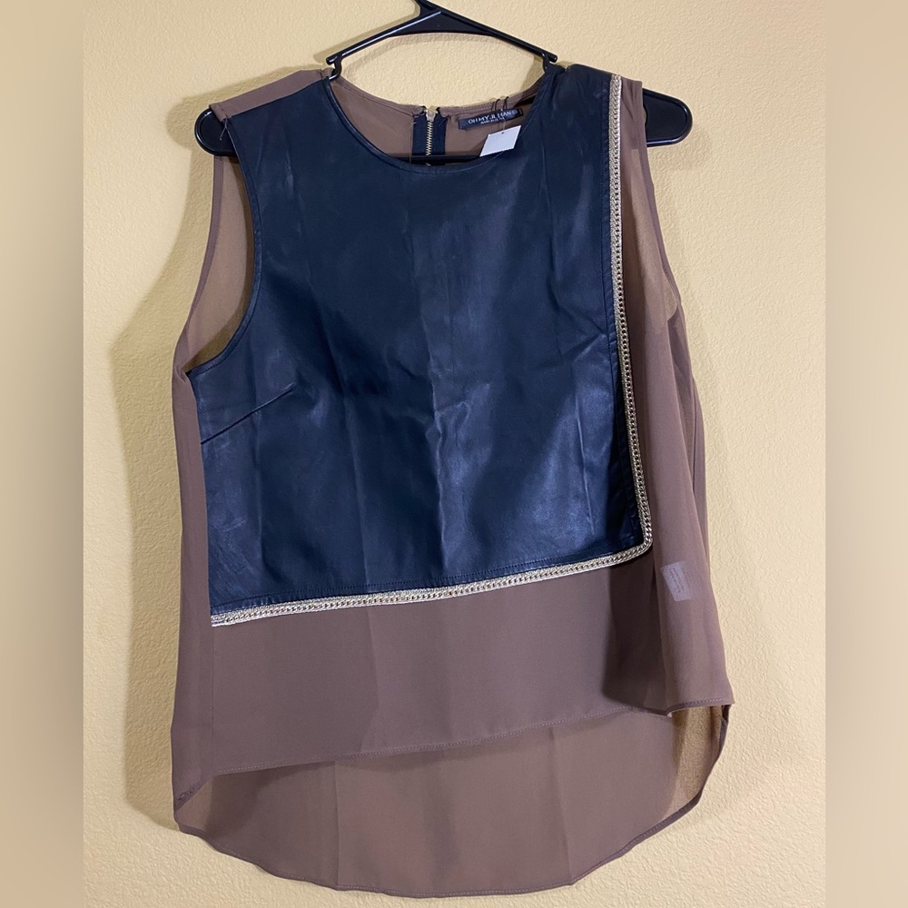 Modern avant-garde shirt with faux leather and gold details on the front,Size M